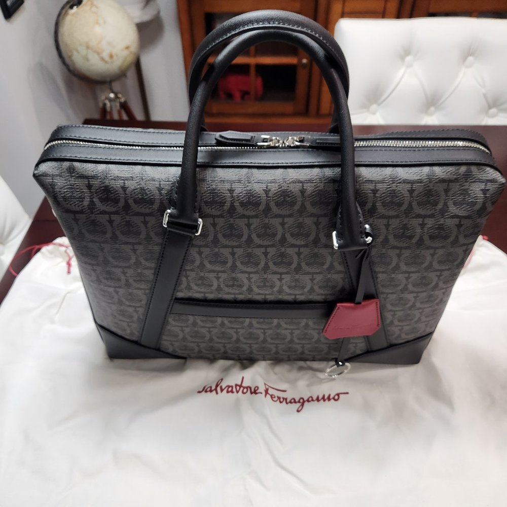Ferragamo Gancini Logo Pattern Leather Briefcase